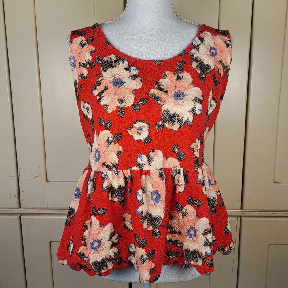 Anthropologie Postmarked Red Floral Peplum Scallop Cut Out Sleeveless Tank Top L